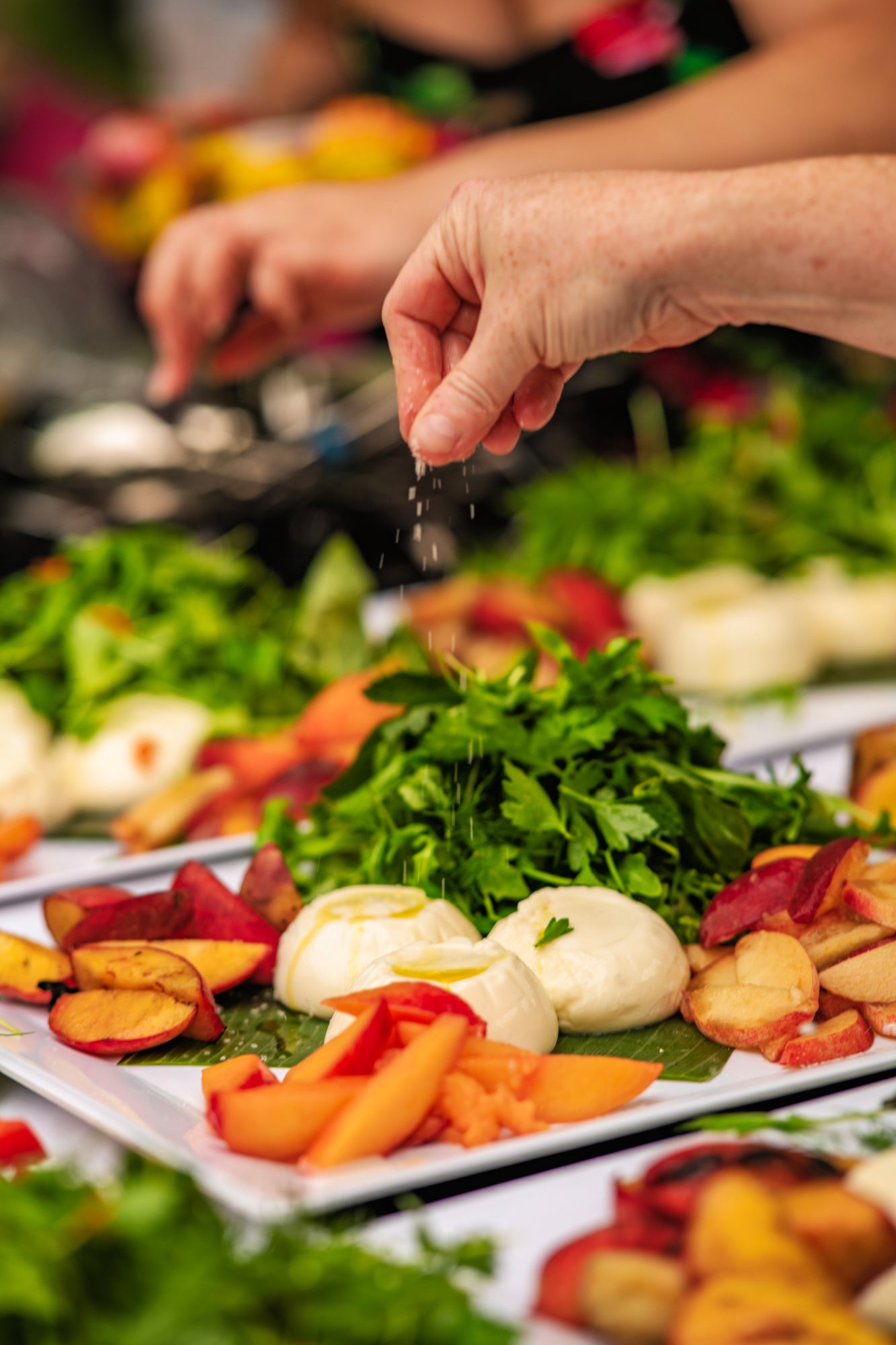 Shef Madres Catering fresh peaches, served with burrata and fresh herbs.